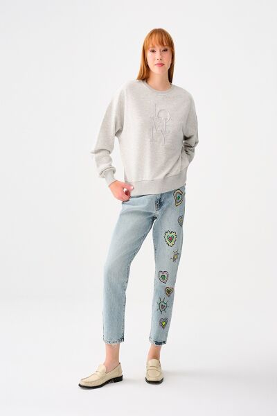 Loft 2038201 Gri Kadın Bisiklet Yaka LOVEY Baskılı 2 İplik Sweat