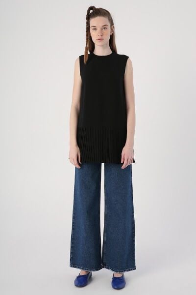 Allday 23DS20015AL0 Siyah Kadın Kolsuz Bisiklet Yaka Eteği Pileli Bluz