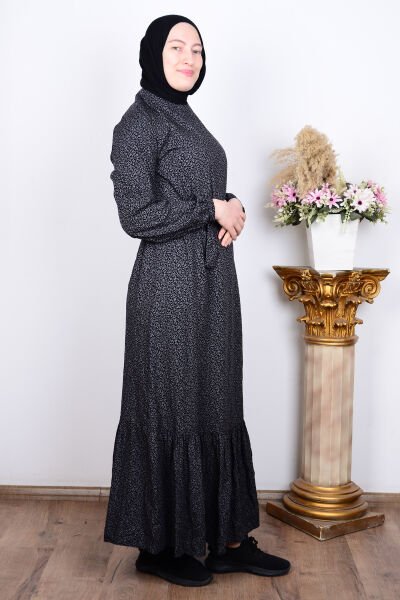 Ferace 8926 Gri Kadın Rahat Kesim Büyük Beden Çıtır Desenli Kemer Detaylı Elbise