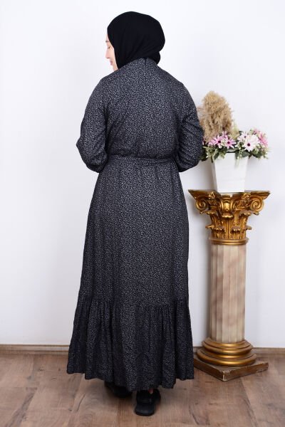 Ferace 8926 Gri Kadın Rahat Kesim Büyük Beden Çıtır Desenli Kemer Detaylı Elbise