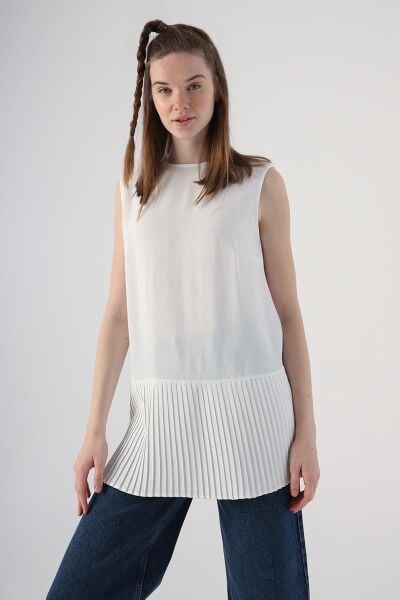Allday 23DS20015AL0 Beyaz Kadın Kolsuz Bisiklet Yaka Eteği Pileli Bluz