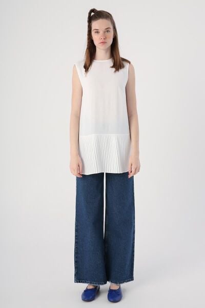 Allday 23DS20015AL0 Beyaz Kadın Kolsuz Bisiklet Yaka Eteği Pileli Bluz