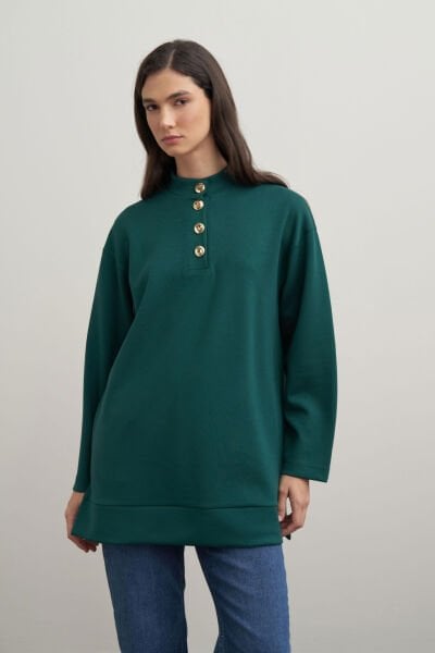 Allday B50291A0 Zümrüt Kadın Yumuşak Dokulu Gold Düğmeli Tunik