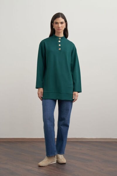 Allday B50291A0 Zümrüt Kadın Yumuşak Dokulu Gold Düğmeli Tunik