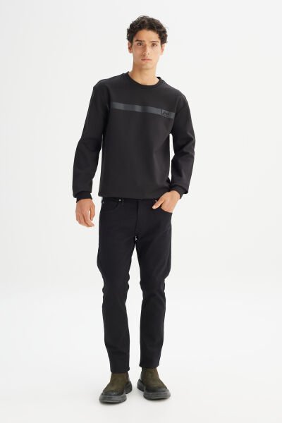 Lee L242499001 Siyah Erkek Bisiklet Yaka Siyah Şerit Çizgili İçi Polarlı Sweat