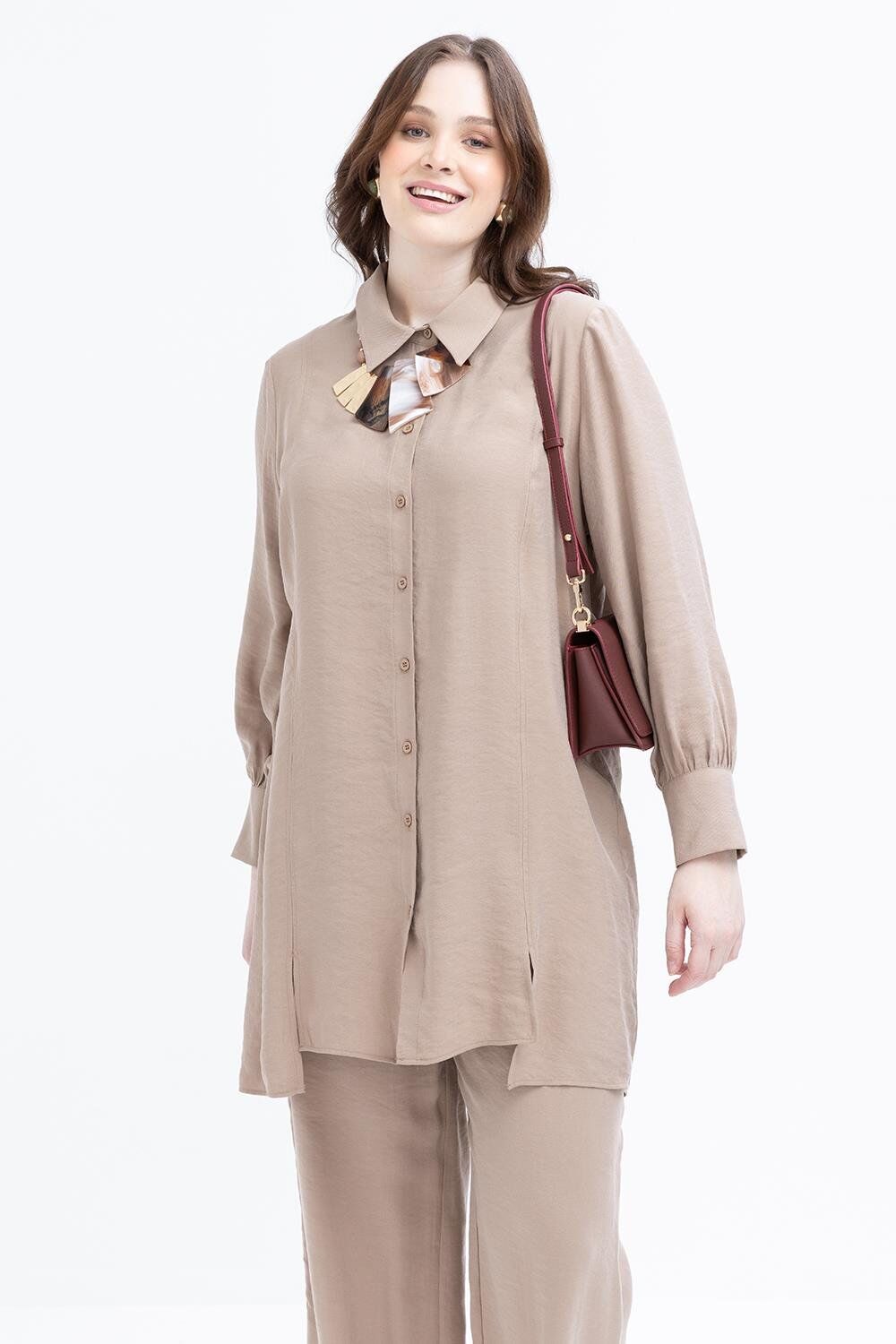 Allday S30091A9 Vizon Kadın Yırtmaç Detaylı Modal Pantolonlu Takım