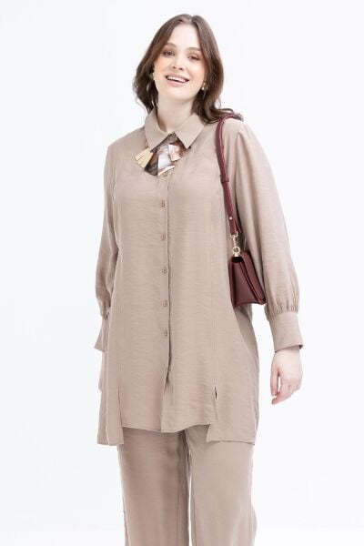 Allday S30091A9 Vizon Kadın Yırtmaç Detaylı Modal Pantolonlu Takım