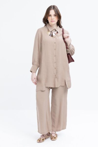 Allday S30091A9 Vizon Kadın Yırtmaç Detaylı Modal Pantolonlu Takım