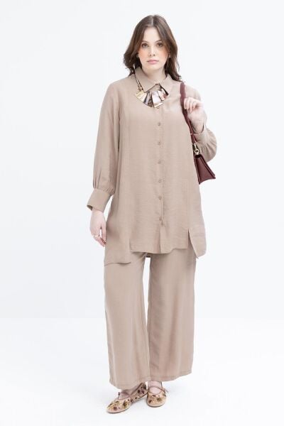 Allday S30091A9 Vizon Kadın Yırtmaç Detaylı Modal Pantolonlu Takım