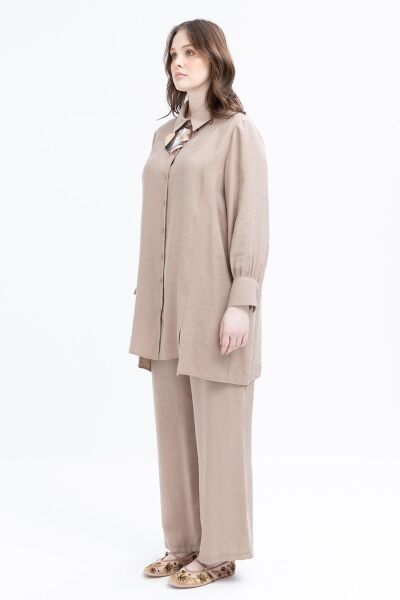 Allday S30091A9 Vizon Kadın Yırtmaç Detaylı Modal Pantolonlu Takım