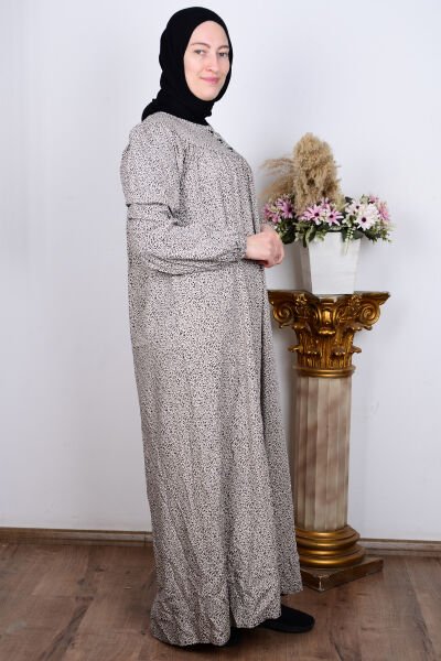 Ferace 8226 Bej Kadın Robalı Rahat Kesim Büyük Beden Yarı Düğmeli Çıtır Desenli Kolları Lastikli Elbise
