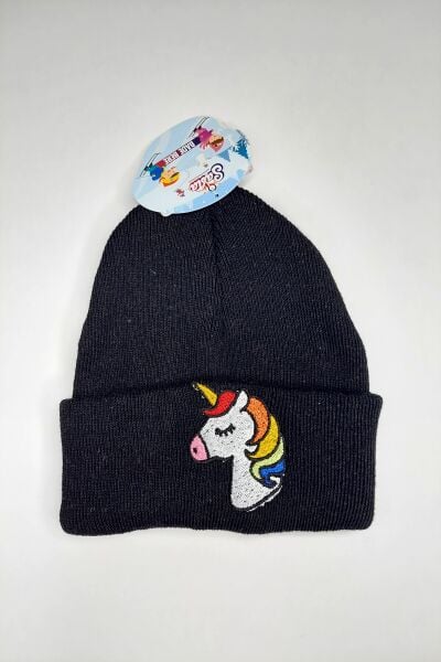 Hanece Kids Siyah Unicorn Nakışlı Kız Çocuk Bere