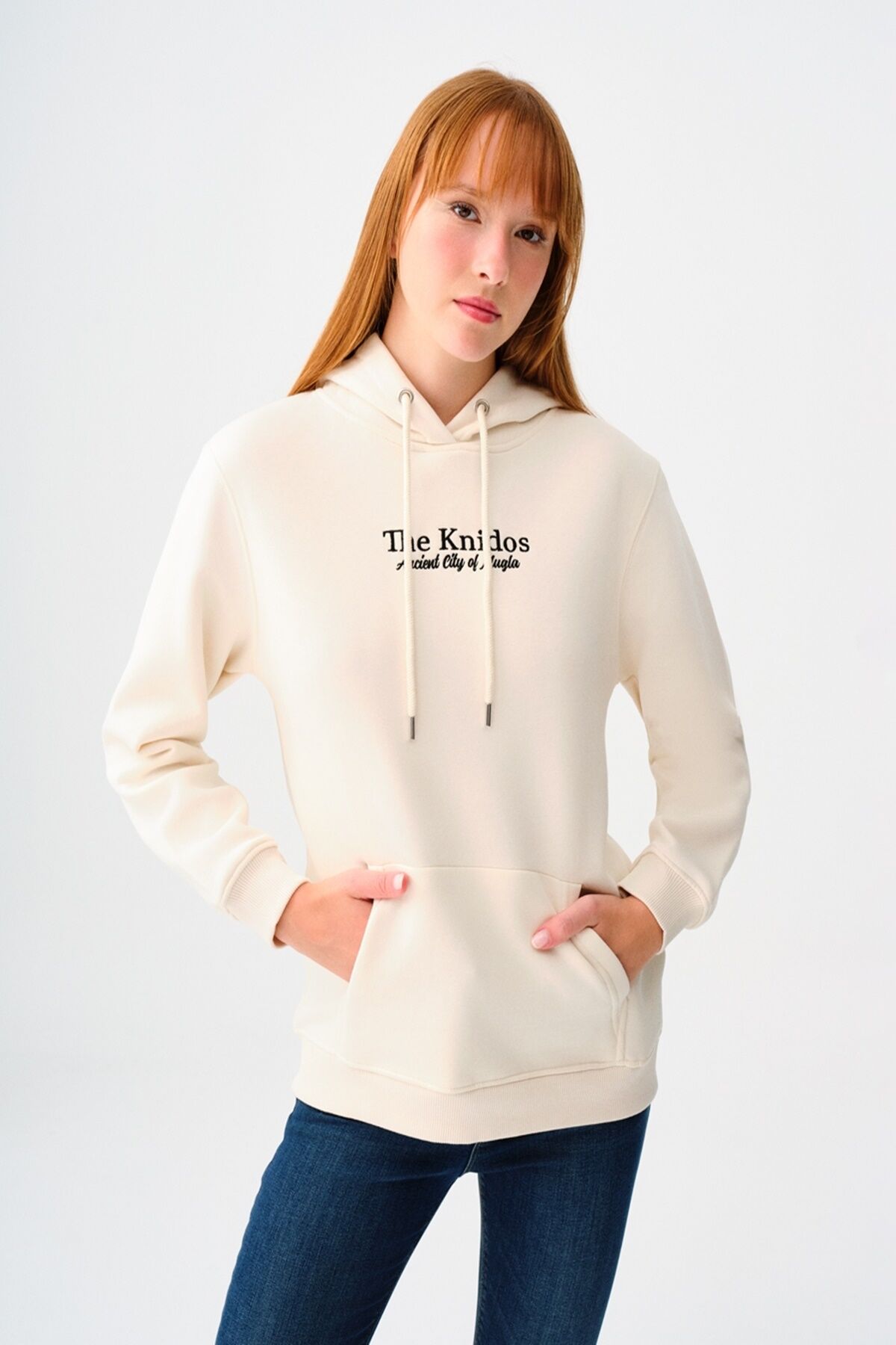 Loft 2038206 Ekru Kadın Kapişonlu Üç İplik Önü Yazı Baskılı Sweat