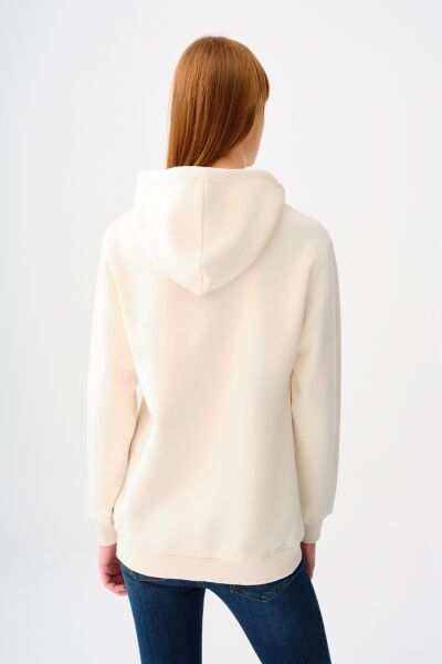 Loft 2038206 Ekru Kadın Kapişonlu Üç İplik Önü Yazı Baskılı Sweat