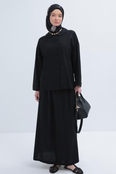 Allday S32036A0 Siyah Kadın Bebe Yakalı Keten Etekli Takım