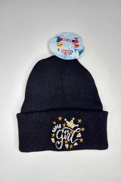 Hanece Kids Siyah Süper Girl Nakışlı Kız Çocuk Bere