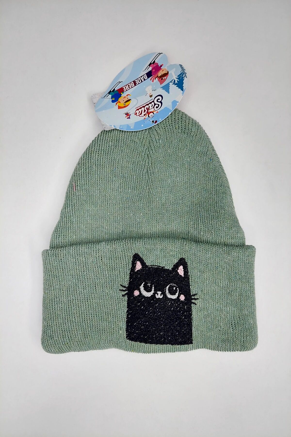 Hanece Kids Mint Yeşili Kedi Nakışlı Kız Çocuk Bere
