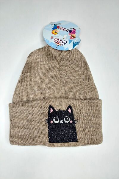 Hanece Kids Vizon Kedi Nakışlı Kız Çocuk Bere