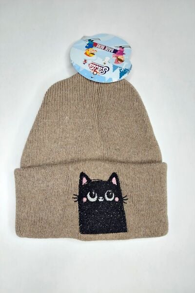 Hanece Kids Vizon Kedi Nakışlı Kız Çocuk Bere