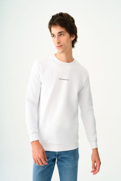 Loft 2034268 Beyaz Erkek Regular Fit Üç İplik Yazı Detaylı Bisiklet Yaka Sweat
