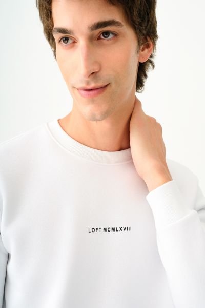 Loft 2034268 Beyaz Erkek Regular Fit Üç İplik Yazı Detaylı Bisiklet Yaka Sweat