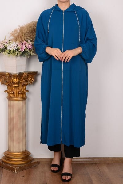 Armine 24YT762 Petrol Kadın Rahat Kesim Kapüşonlu Zincir Detaylı Fermuarlı Kanguru Cepli Giy Çık