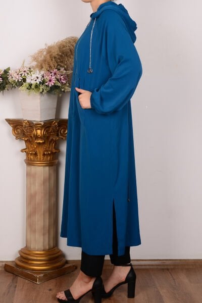 Armine 24YT762 Petrol Kadın Rahat Kesim Kapüşonlu Zincir Detaylı Fermuarlı Kanguru Cepli Giy Çık