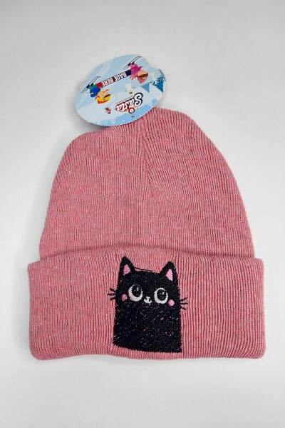 Hanece Kids Pembe Kedi Nakışlı Kız Çocuk Bere