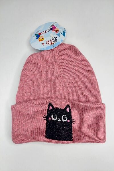 Hanece Kids Pembe Kedi Nakışlı Kız Çocuk Bere