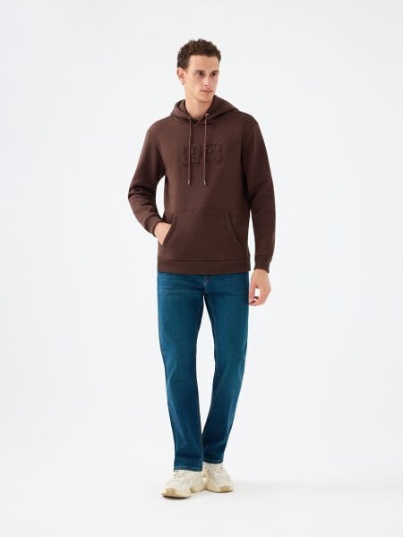 Loft LF2041392 Kahverengi Erkek Kapüşonlu Kabartma Baskılı Şardonlu Sweatshirt