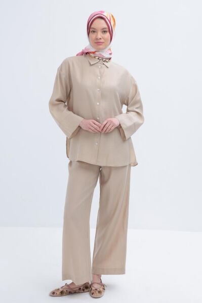 Allday S30087A0 Bej Kadın Liyosel Pantolonlu Yanları Cep Detaylı Takım