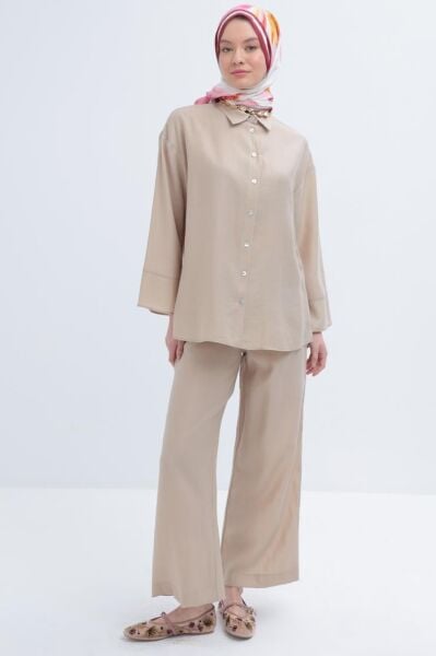 Allday S30087A0 Bej Kadın Liyosel Pantolonlu Yanları Cep Detaylı Takım
