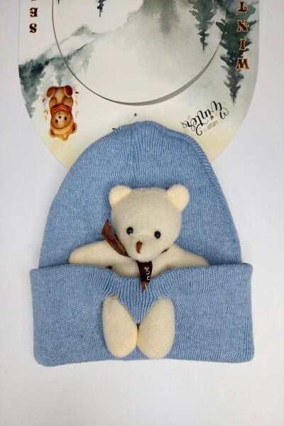 Hanece Kids Peluş Buz Mavi Ayıcıklı Erkek Çocuk Bere