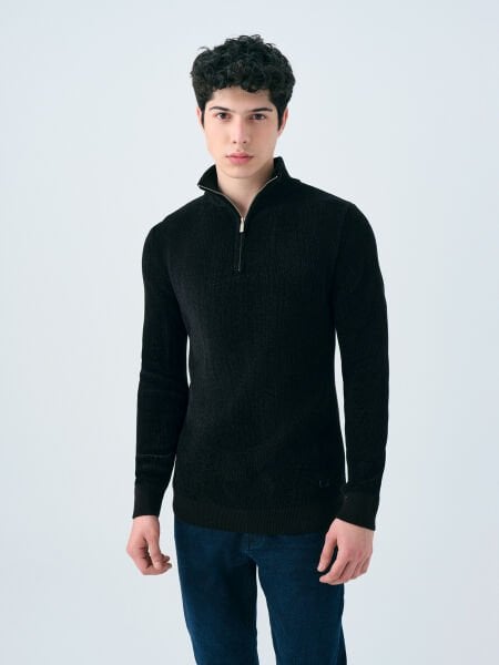 Loft LF2037257 Siyah Erkek Dik Yaka Yarım Fermuarlı Regular Fit Kazak