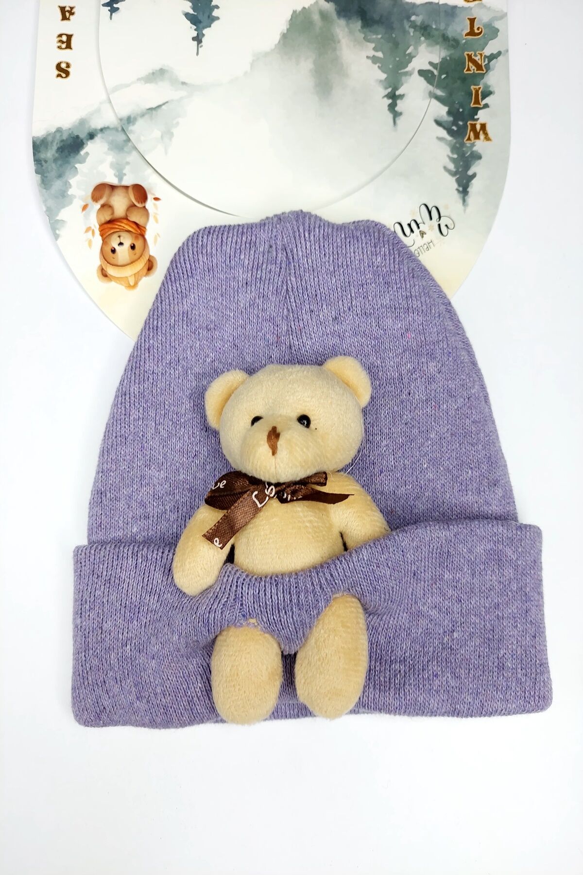 Hanece Kids Peluş Lila Ayıcıklı Kız Çocuk Bere