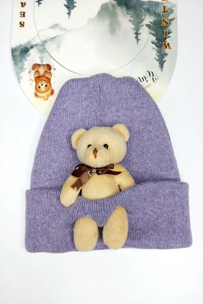 Hanece Kids Peluş Lila Ayıcıklı Kız Çocuk Bere
