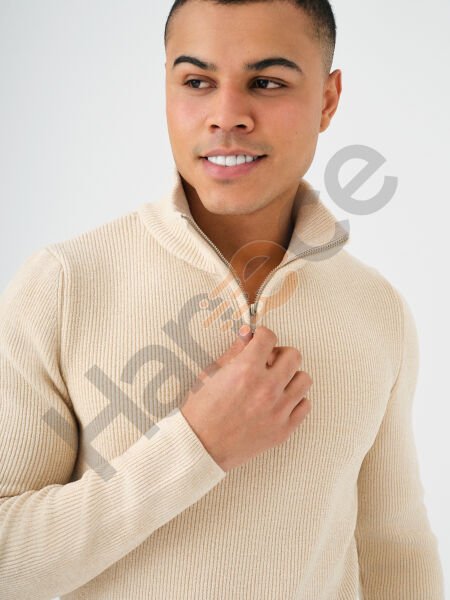 Loft LF2037257 Bej Erkek Dik Yaka Yarım Fermuarlı Regular Fit Kazak