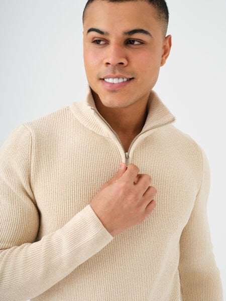 Loft LF2037257 Bej Erkek Dik Yaka Yarım Fermuarlı Regular Fit Kazak