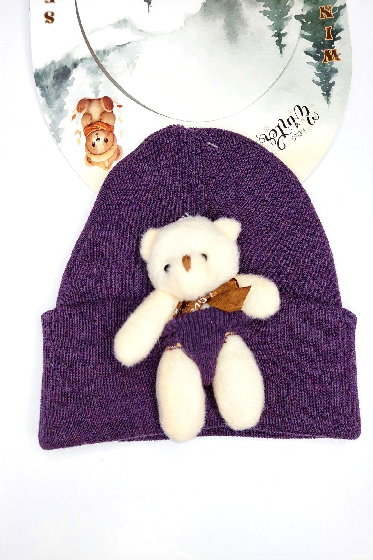 Hanece Kids Peluş Mor Ayıcıklı Kız Çocuk Bere