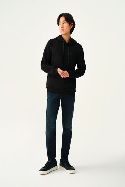 Loft 2038105 Siyah Erkek Kapüşonlu Baskı Detaylı İki İplik Sweat