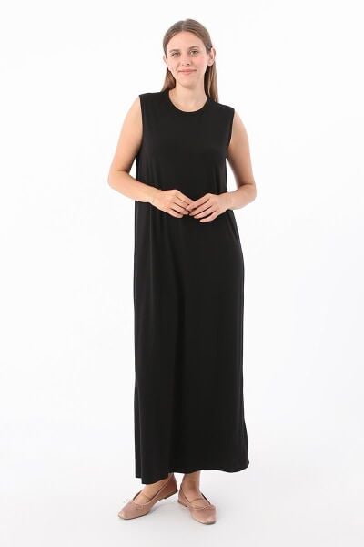 Allday BOX60019AL3 Siyah Kadın Pamuklu Bisiklet Yaka Kolsuz İçlik Elbise