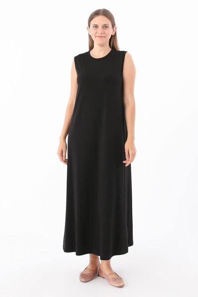 Allday BOX60019AL3 Siyah Kadın Pamuklu Bisiklet Yaka Kolsuz İçlik Elbise