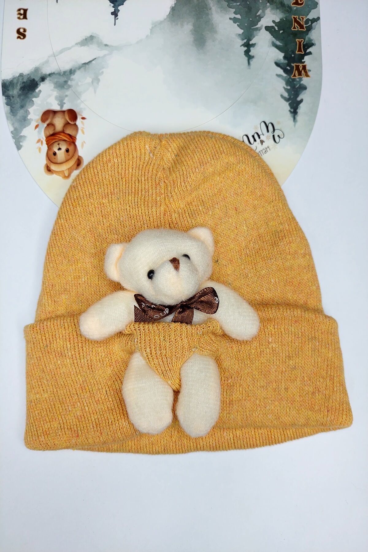 Hanece Kids Peluş Sarı Ayıcıklı Unisex Çocuk Bere