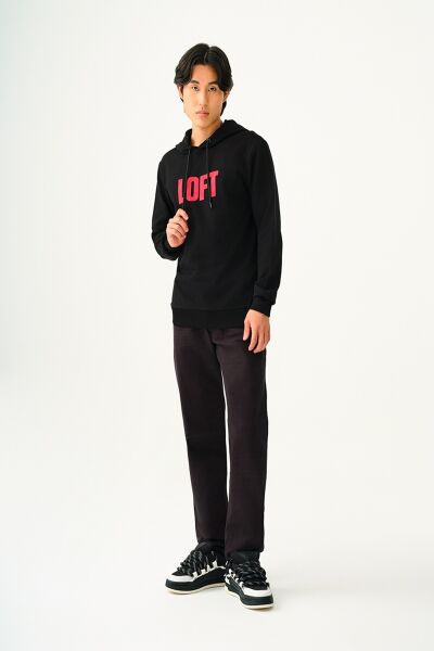 Loft 2038105 Siyah Erkek Kapüşonlu Baskısı Kırmızı Detaylı İki İplik Sweat