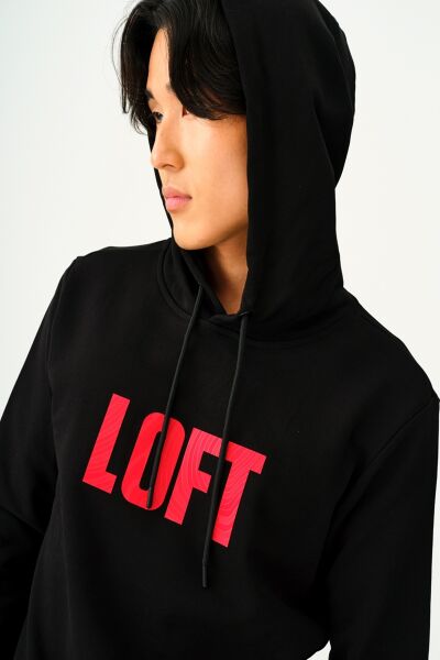 Loft 2038105 Siyah Erkek Kapüşonlu Baskısı Kırmızı Detaylı İki İplik Sweat