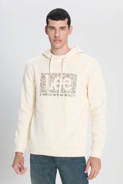 Lee L242168104 Ekru Erkek Kapüşonlu Kabartma Yazı Detaylı Üç İplik Sweat