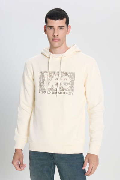 Lee L242168104 Ekru Erkek Kapüşonlu Kabartma Yazı Detaylı Üç İplik Sweat