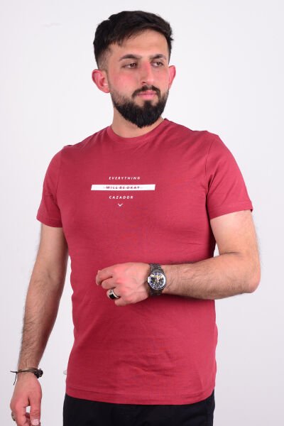 Cazador 24YCEEO04272 Bordo Erkek Slim Fit Bisiklet Yaka Dar Kesim Yazı Detaylı Tşört