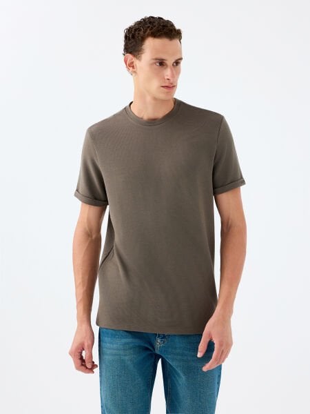 Loft 2039564 Koyu Haki ErkekTaktik Kollu Regular Fit Bisiklet Yaka T-Shirt