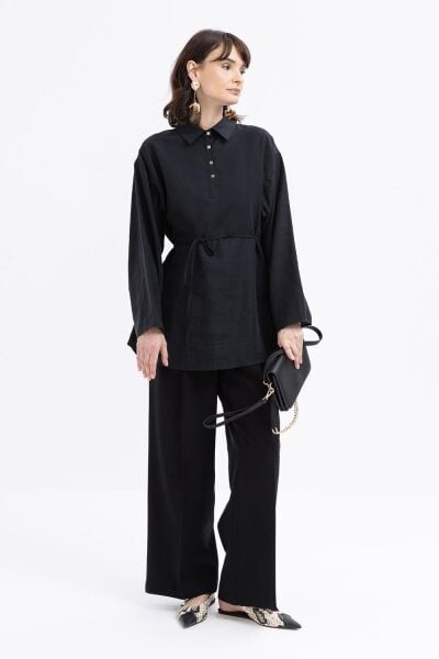 Allday S50247A0 Siyah Kadın Yarım Ptlı Beli Bağcık İpli Tunik